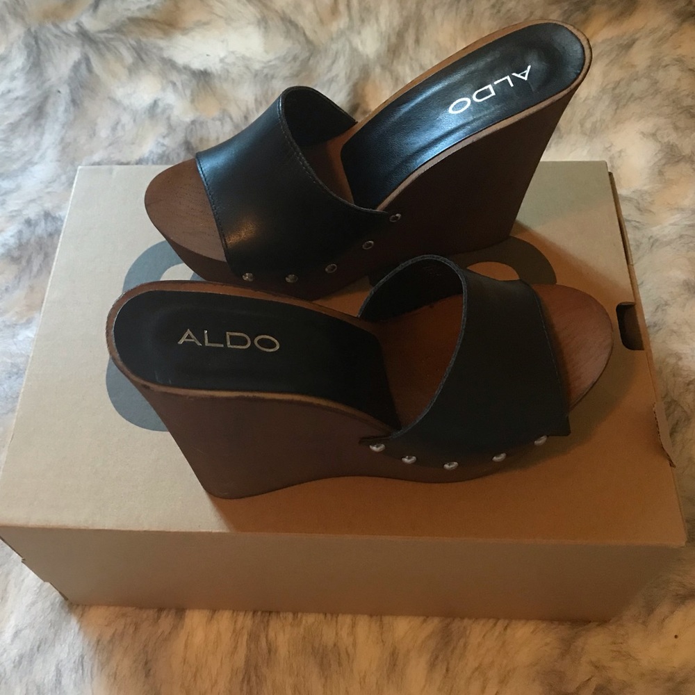 Aldo wood wedge black leader sandals EU 36, US 6 - Picture 2 of 4